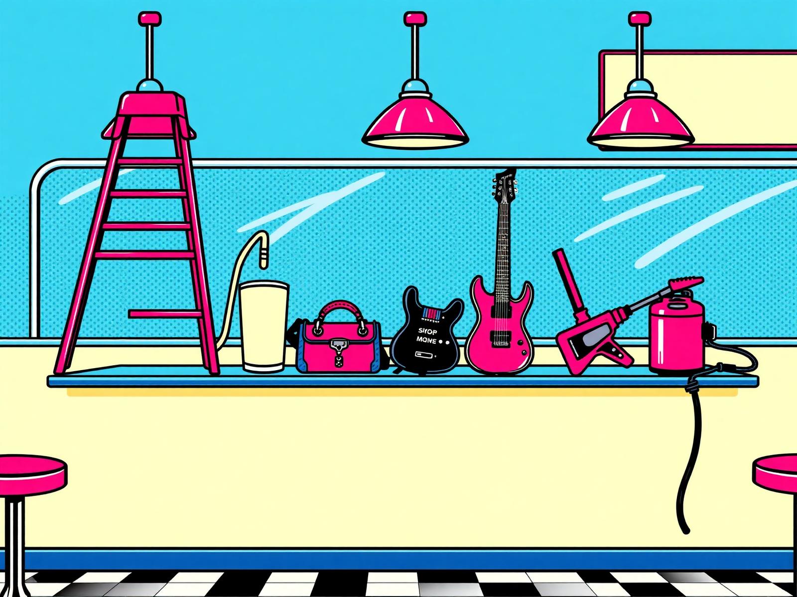 Household items lined up on a retro diner counter
